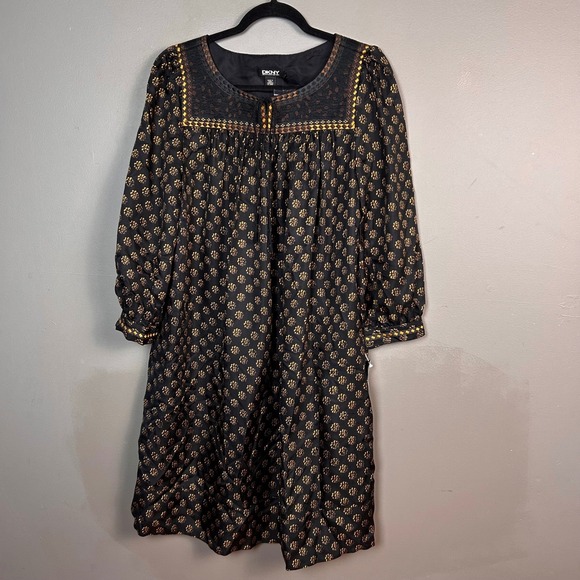 dkny black and gold dress DKNY Women's Gold Black Metallic Knit Cutout Sheath Dress - 2 - Gold
